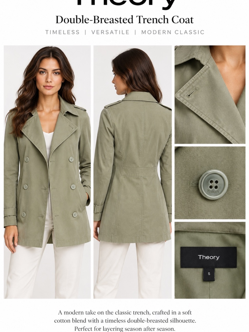 Theory Olive Green Double-Breasted Trench Coat